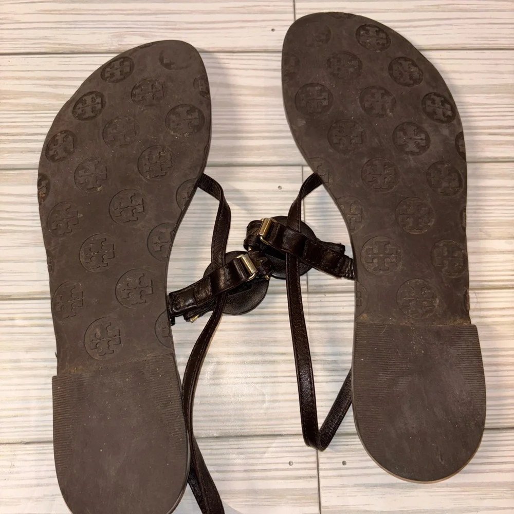 Tory Burch Brown Leather Logo Thong Sandals with Gold Hardware
